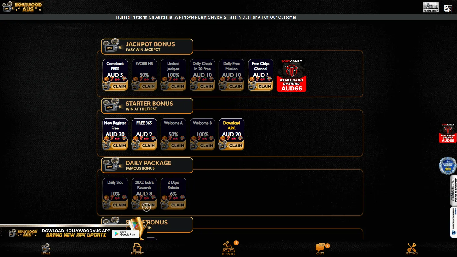 Hollywood Aus Casino desktop promotions view with the no deposit offer