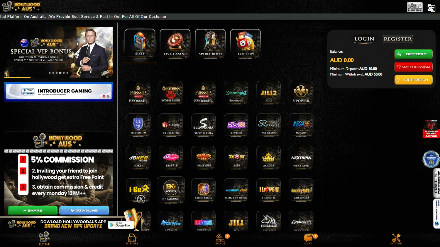 Hollywood Aus Casino desktop home view