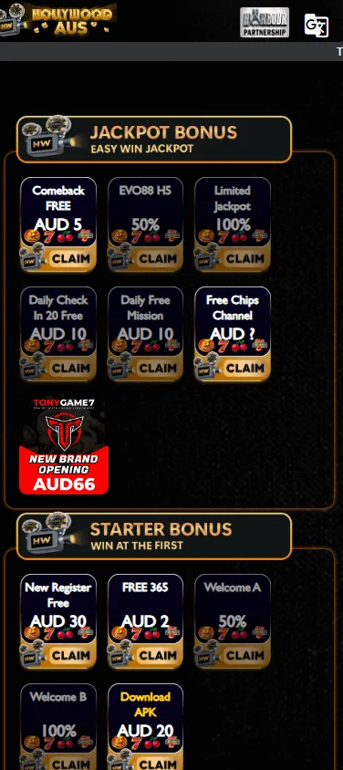 Hollywood Aus Casino mobile promotions view with the no deposit offer